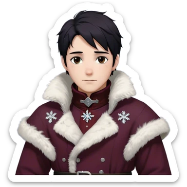 Medieval winter outfit worn by a DnD themed fantasy male character. Heavy maroon wool tunic with rabbit fur trim, featuring a high collar with silver clasps, belted with a sturdy leather strap. Clothes only above the waist, full waist coverage. The character has no arms. Character is white-skinned with raven black hair, deep brown eyes, and short messy hair dusted with snowflakes. sticker