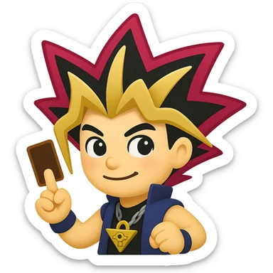 Create an emoji style version of Yugi from Yu-Gi-Oh inspired by the reference image. Pose should be a duel stance holding a card, with tricolor hair and Millennium Puzzle necklace. The style should resemble apple style emojis with concise details. sticker
