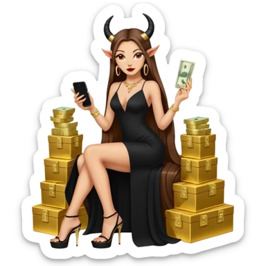 Sensual seductress long brown straight haired sexy drug lord woman with  glitter platform high heels on her feet,  and devil black horns on her head, holding a stack of cash, has a phone in other hand. Sitting on gold cases full of drugs, long black dress with sexy slit sticker