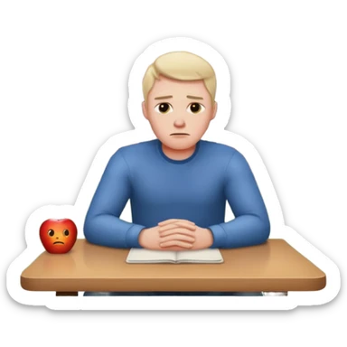 a man sits sadly at a table, a house burning in the distance behind him, apple style emoji sticker