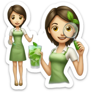 brunette girl with left magnifying glass and right mojito sticker