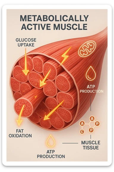 a highly detailed cross-section of human skeletal muscle fibers, shown in vibrant red and pink tones, with visible striations and realistic texture. Glowing arrows and animated icons represent active metabolic processes—such as glucose uptake, fat oxidation, and ATP production—occurring within the muscle tissue. Surrounding the muscle, floating symbols for mitochondria and energy highlight its metabolic activity. The background is clean and clinical, with subtle labels and infographics explaining that muscle is a metabolically active tissue. The overall style is modern, scientific, and visually engaging, suitable for educational or medical use. sticker