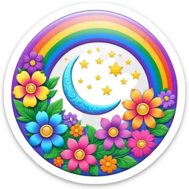 A round psychedelic colored button with a rainbow colored damask style moon and hippie flowers in the center sticker