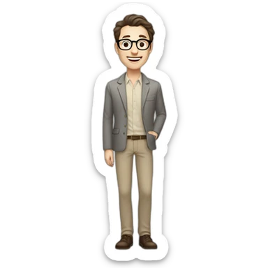 Joyful Full height Pale skinned Fit Man With dark brown hair in gray jacket, beige office shirt, Brown pants and vintage glasses. His thrumbs up sticker