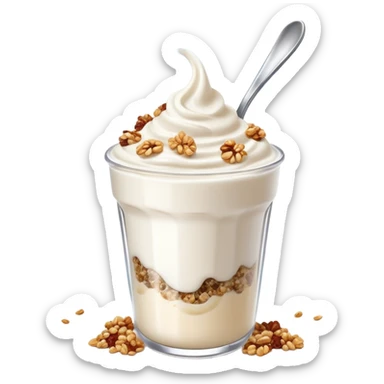 Mystical floating Greek yogurt cup with magical protein granola and glowing chia seeds, surrounded by sparkles and celestial aura sticker