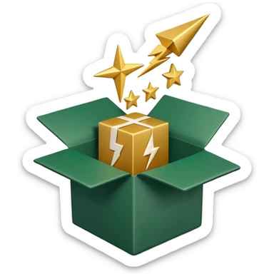 3D minimal open box with small floating icons coming out (envelope, lightning bolt, star), soft matte finish, deep green (#0B3D2C) box, gold (#C9B037) floating icons, Apple style, ultra clean and sleek, very soft ambient shadow, transparent background sticker