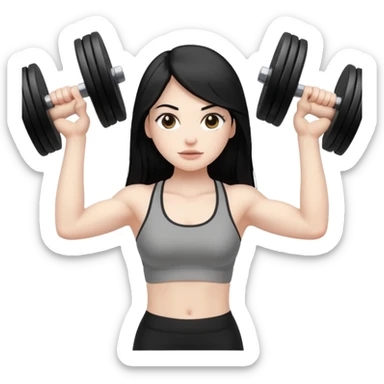 Pale girl with long black hair lifting weights sticker