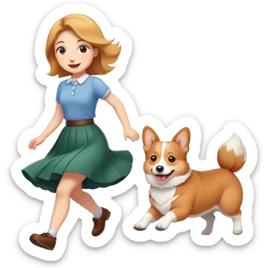 A beautiful girl with fair skin happily chases a corgi in a skirt sticker