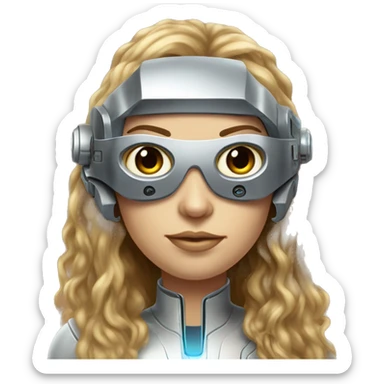 Brown long hair with blonde steaks female cyborg head, fair skin, space age goggles and circuits sticker