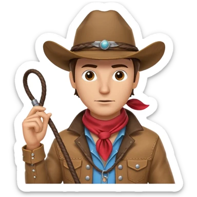 cowboy with a whip portrait, head and shoulders only, cowboy hat, bandana, western jacket collar, whip coiled over shoulder, confident expression, 3D cartoon, mobile game icon style, clean background, no text, no watermark
 sticker