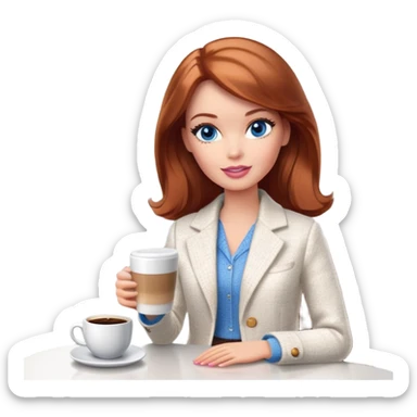 A Barbie girl with blue eyes, shoulder-length reddish-brown hair, made-up, wearing a white tweed jacket and a white skirt, with a glass of coffee in her hands sticker
