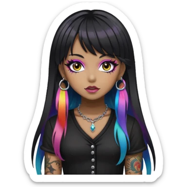 hime gyaru girl,  brown skin long black hair with rainbow fringe, tattoos, dark makeup, goth grunge clothes sticker
