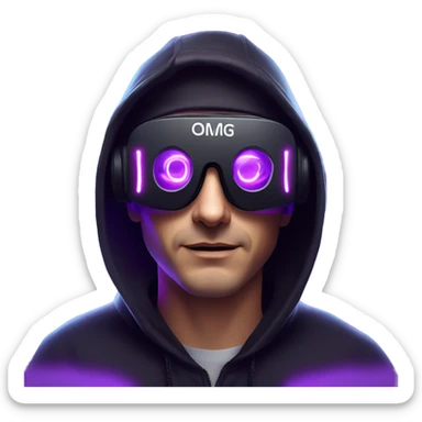 Russian man wearing a black hoodie with "OMG" letters on it and VR headset in a cyberpunk VR environment with violet neon lighting. sticker