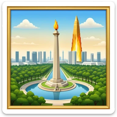 Cinematic Realistic Monas Landmark Emoji, showcasing the National Monument in Jakarta, a towering obelisk with a golden flame, set within a lush park under a clear, radiant sky. sticker