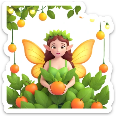 A fairy with wings, holding a red fruit with a leaf on her head, in a 3D iOS style, surrounded by green leaves and hanging lights. sticker