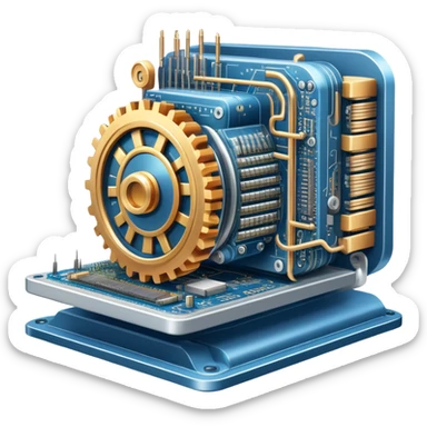 An icon featuring a giant machine soldering a huge microchip, symbolizing engineering. The design includes mechanical gears, circuit boards, and a blueprint, representing the precision and innovation in designing and building technology. Transparent background highlights the art of engineering sticker