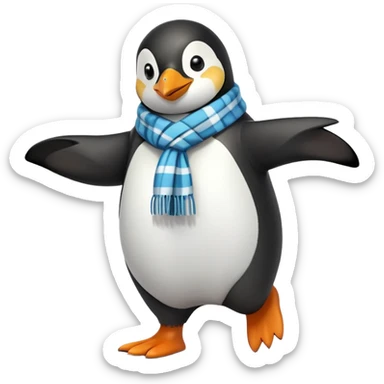friendly anthropomorphised penguin in a jacket and scarf brisk walking, energetic pose sticker