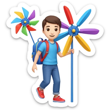 cute boy carrying a toy windmill backpack, colorful windmill spinning on the back, happy expression, casual outfit, 3D cartoon, mobile game icon style, clean background, no text, no watermark
 sticker