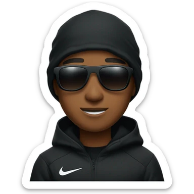 Brown skin boy in a black Nike tech hoodie with a Nike ski mask on and shades sticker