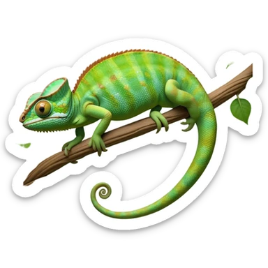 cinematic-chameleon-realistic-full-body-climbing-emoji,-slender-body-gripping-a-twisting-vine-with-prehensile-feet,-scaly-green-skin-shifting-shades-with-its-environment,-large-bulging-eyes-rotating-independently,-delicate-coiled-tail-curling-behind,-long-tongue-slightly-protruding-as-if-ready-to-strike,-simplified-yet-realistic-focused-features,-highly-detailed,-glowing-with-an-ethereal-forest-light sticker