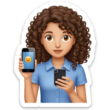 brunette girl with curly medium length hair, brown eyes, slightly tan skin, holding a phone sticker