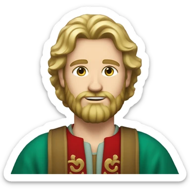 The image shows a man with wavy blonde hair, a full beard, light blue eyes, and a fair complexion. He wears a red garment over a green tunic, giving a historic appearance. sticker