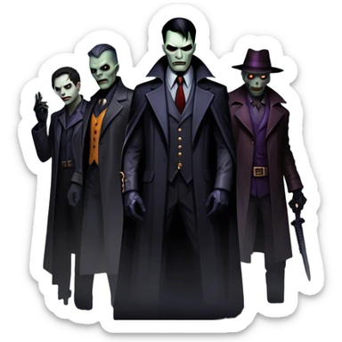 Icon for Thriller Movies: A large, dramatic collage featuring sinister villains and zombies in dark clothing. The background shows the gloomy cityscape of Gotham with dim lighting and eerie shadows. The atmosphere should be tense, mysterious, and suspenseful. Transparent background. sticker