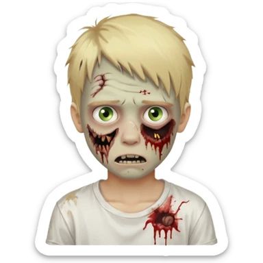 create boy blonde hair long messy, light eyes, white t shirt, style zombie sticker
