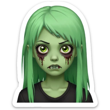 zoombi girl cabelo liso preto franja de lado cabelo partido de lado risquinho na sobrancelha e um piercing na sobrancelha um piercing no nariz cabelo longo zoombi verde ne tipo esse o  sticker