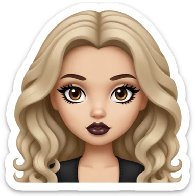 pretty bratz baddie, black eyeliner, medium white skin, dark ash blond wavy long hair, dark brown eyes sticker