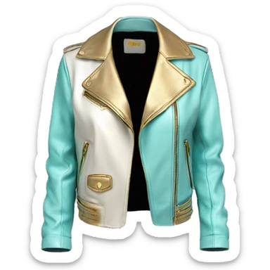 Hyper Realistic side view of an open light tiffany blue,cream and gold ombre feminine fashion leather jacket. sticker