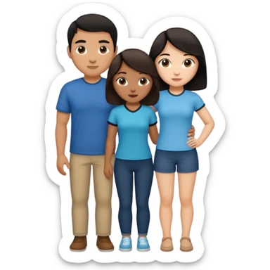 three people, one white girl with brown hair, one hispanic man with dark hair, and one tan asian woman with black hair, as a poly couple emoji sticker