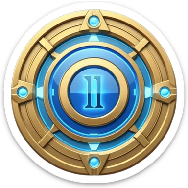 Futuristic anniversary medal badge, circular emblem with embossed Roman numeral I, metallic gold finish with electric blue glow accents, subtle outer energy ring, sci-fi web3 game UI style, polished 3D game asset, dark background, centered composition, high detail sticker