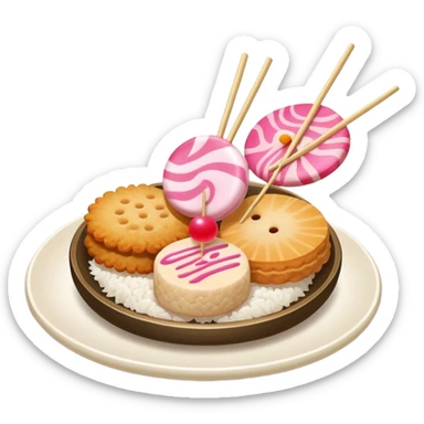 A combination of fish cake with pink swirl (narutomaki), rice cracker (senbei), and dango on a stick arranged together as a Japanese food plate sticker
