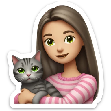 Brunette girl with long hair and green eyes in a pink sweater hugs a gray striped cat. The cat has brown eyes sticker