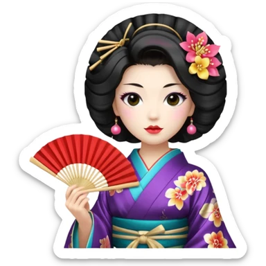 a traditional geisha japanese woman wearing a kinono holding a folding fan elegantly sticker