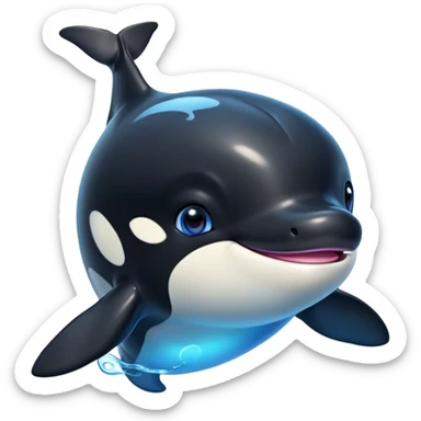 Cinematic Cute orca Portrait Emoji, Head tilted playfully and inquisitively, featuring a smoothly rounded body with bright, sparkling eyes and an adorable, friendly smile, Simplified yet irresistibly adorable features, highly detailed, glowing with a warm, ocean-blue glow, high shine, affectionate and lively, stylized with a touch of whimsical aquatic charm, soft glowing outline, capturing the essence of a mischievous yet endearing orca that seems as if it could leap right into your heart! sticker