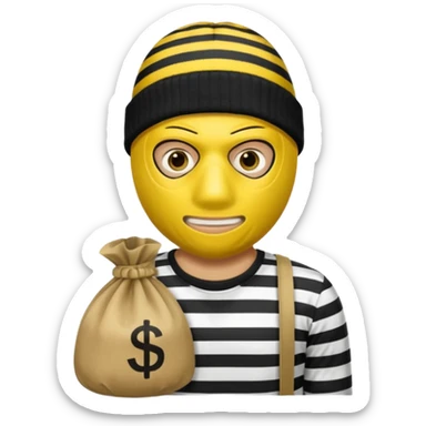 yellow robber wears black eye mask, black beanies and black and white stibes shirt with one brown money bag beside him sticker