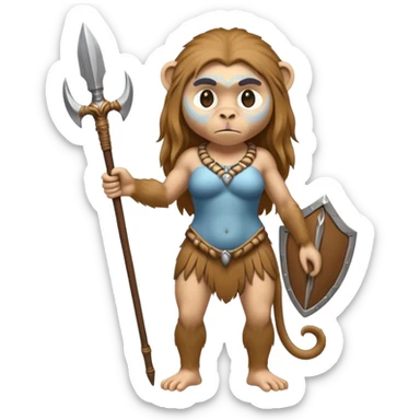 fullbody buxom monkey female Neanderthal with human face, long hair, holding a spear sticker