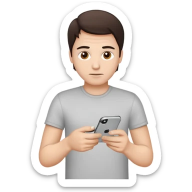 make a white guy with dark brown hair, with a simple white o grey shirt, repairing an iphone, un tecnico sticker