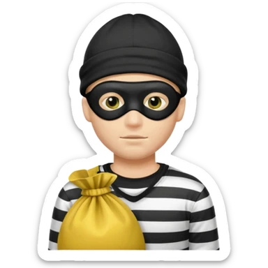 A Robber Emoji, the robber is Male, has a Black Beanie hat, has a shirt with black and white stripes, a black mask thing around his eyes, and a yellowish money bag on his hanging right shoulder, we can only see his upper body from his chest and his face he has NO facemask. sticker