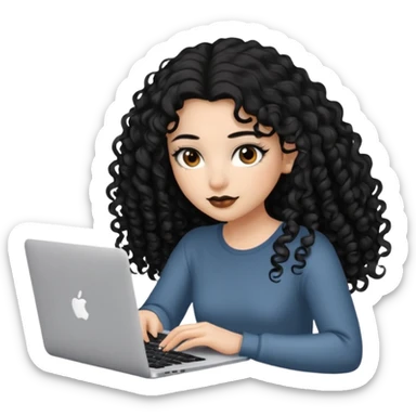 a girl typing mac book air with long black curly hair and brown eyes with winged black eyeliner sticker