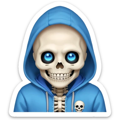 Sans from Undertale with glowing blue eye, skeleton with permanent grin, wearing blue hoodie sticker