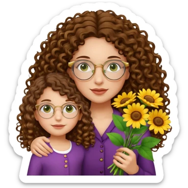 light skinned brunette long curly haired woman with green/hazel eyes framed with large round gold rimmed glasses holding big bright bunch of flowers with one hand and young kindergarten age daughter's hand (also with long brown curly hair) in other. White background. sticker