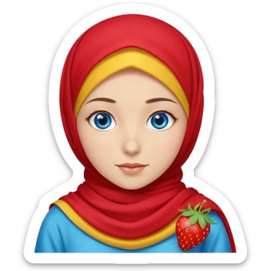 Turkish beautiful finish Konya girl blue eyes with red yellow summer hijab islamic dress and had on her hijab long tailed dresses strawberry  sticker