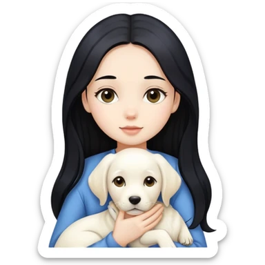 A beautiful girl with long black hair and fair skin is holding a white Labrador sticker