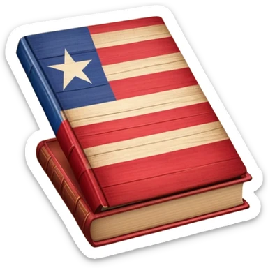 Elegant aged book with the Puerto Rican flag embossed on the cover, wooden theater stage symbol, vintage textured cover with warm wood and parchment tones, slightly glowing, representing the eternal legacy of scenic design in Puerto Rico sticker