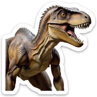 Cinematic Realistic Noble velociraptor/T-rex Portrait Emoji, Poised and imposing, with a massive, muscular build and a rugged, intricately scaled hide in ancient earthy tones, a sharply defined, fearsome head with piercing, primal eyes rendered in lifelike detail, high shine, intelligent and formidable, styled with an air of prehistoric authority, focused and attentive, soft glowing outline, capturing the essence of a watchful and confident velociraptor/T-rex that appears ready to roar out of the screen with timeless power! sticker