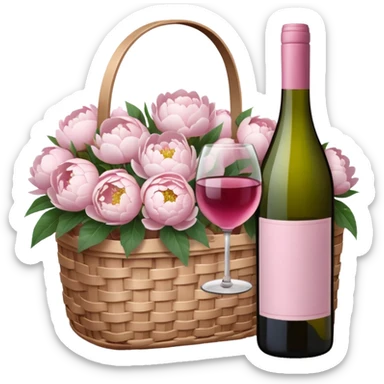 White Picnic basket with light pink bow and white peonies inside and a pink wine bottle sticker
