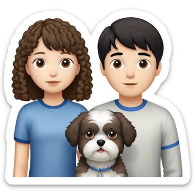 Quiero una pareja joven con un perro shitzu blanco y gris. La chica con pelo rizado marron pero con el flequillo liso. El chico con el pelo liso negro, piel blanca y sin barba sticker